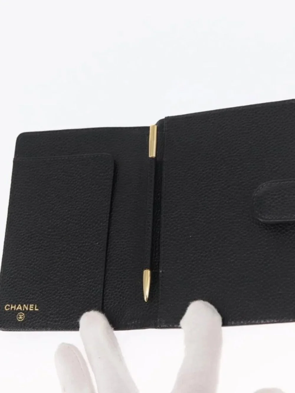 CHANEL Day Planner Cover Grained Calf Skin Black Gold CC Auth 162550